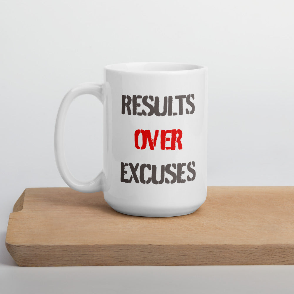 Results Over Excuses - White glossy mug
