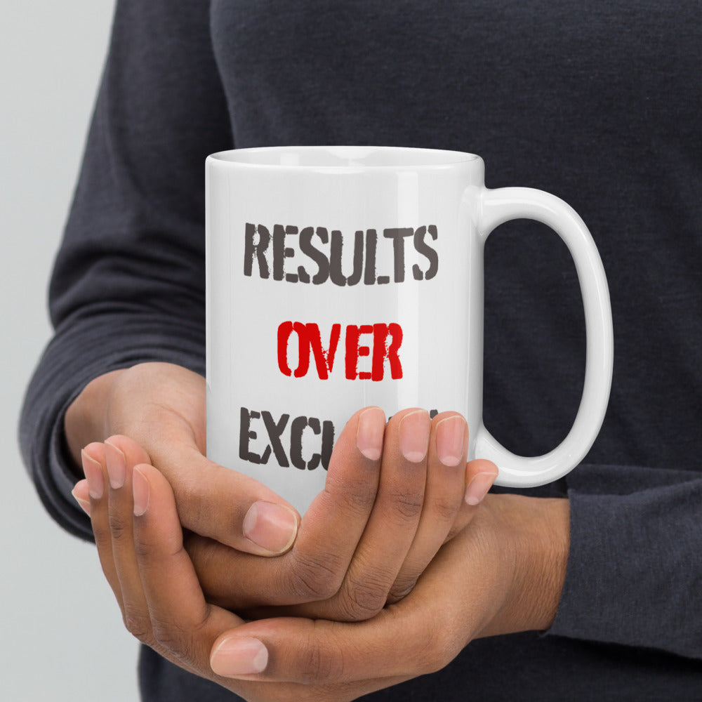 Results Over Excuses - White glossy mug